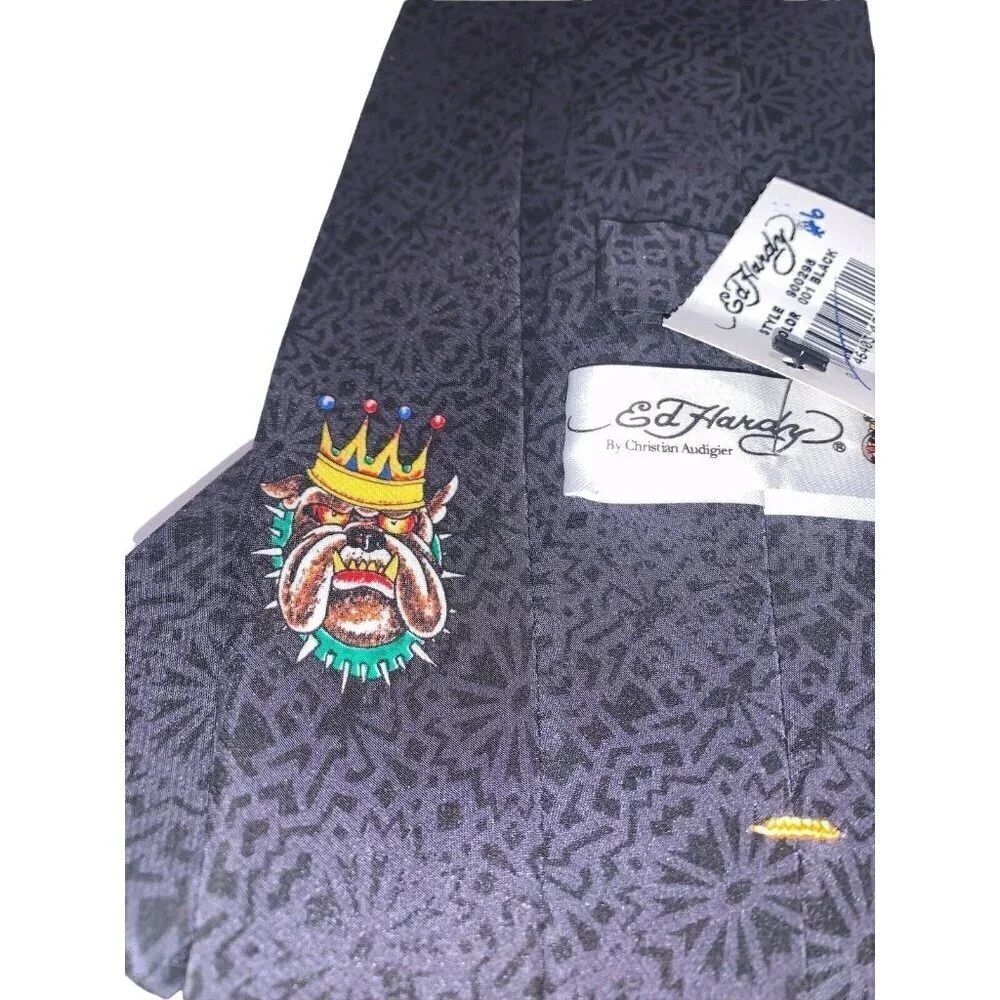 Ed Hardy Christian Audigier Silk Necktie Bull Dog and Crown‎ Mens Tie
